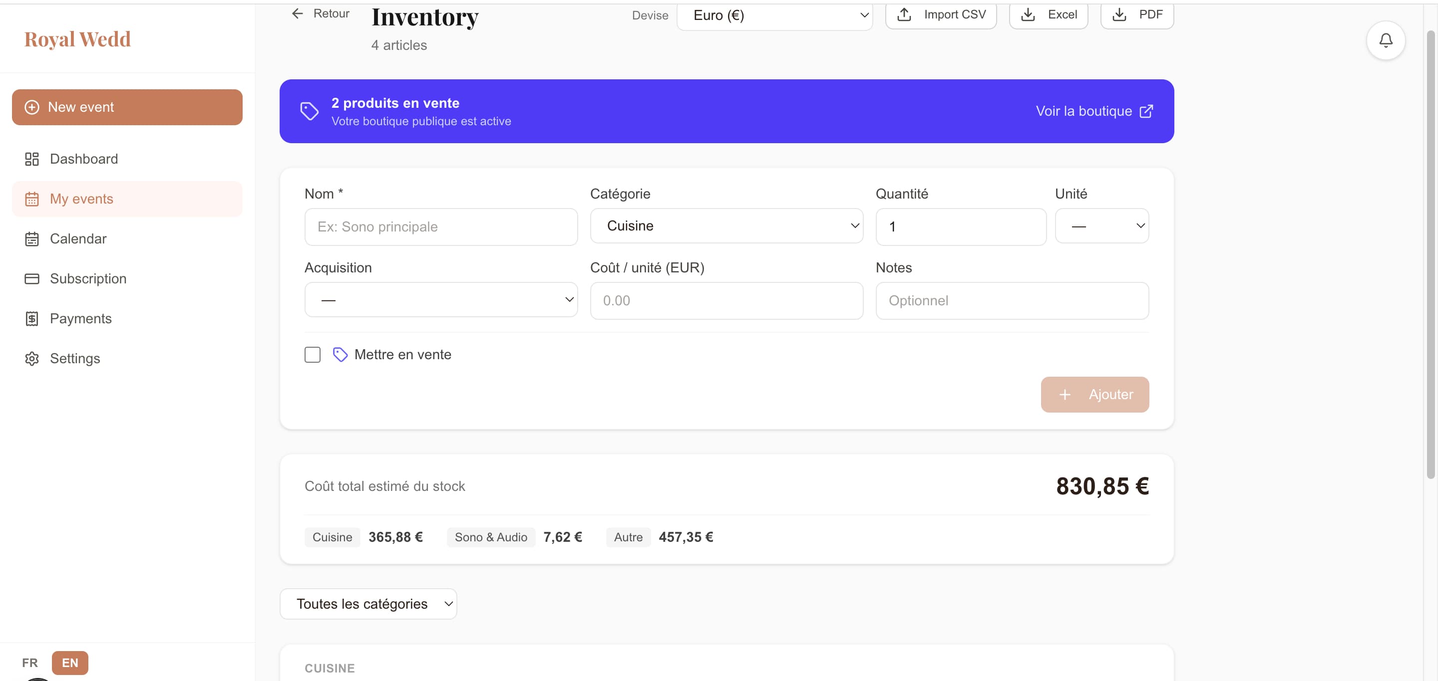 Inventaire et boutique en ligne